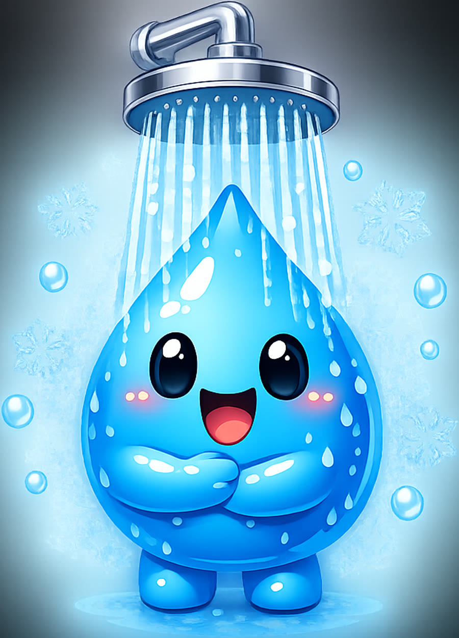 Droplet mascot bracing in a cold shower