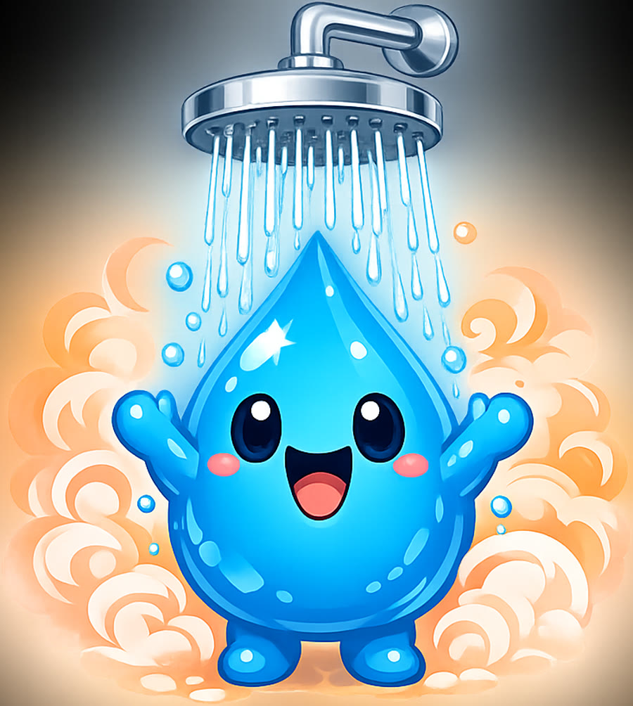 Droplet mascot enjoying a hot shower