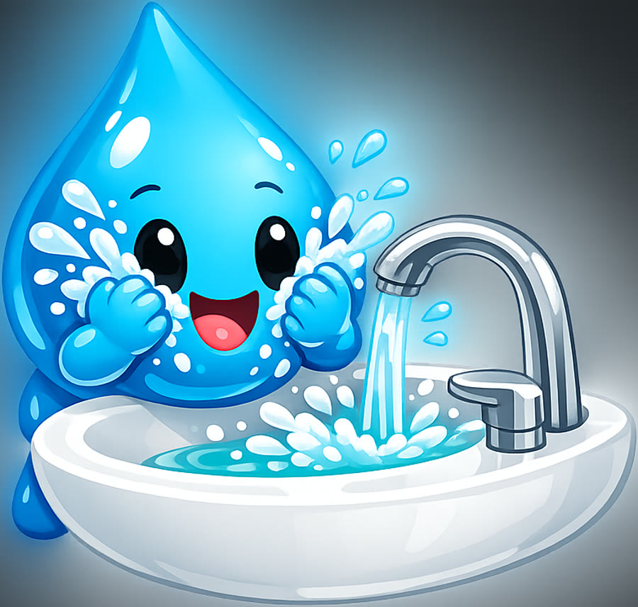 Droplet mascot splashing water on its face at the sink