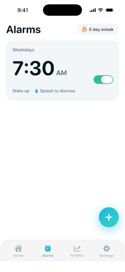 Alarms list with a 7:30 AM weekday alarm