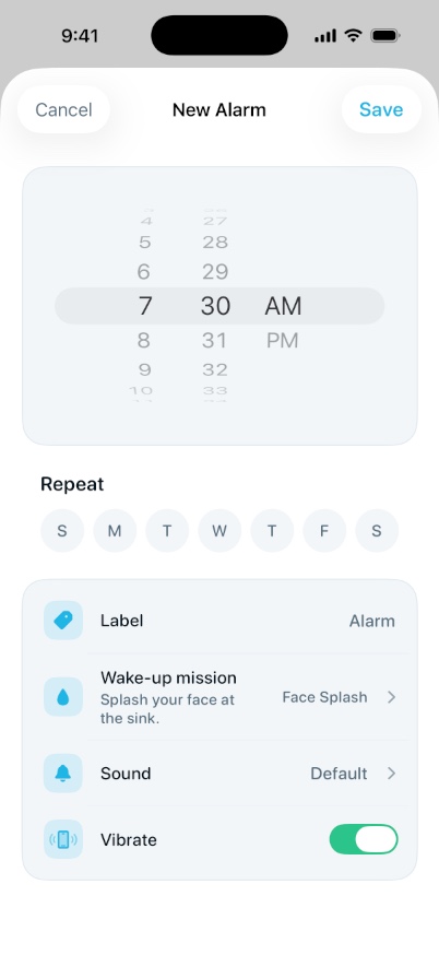 New alarm editor with time wheel and mission picker