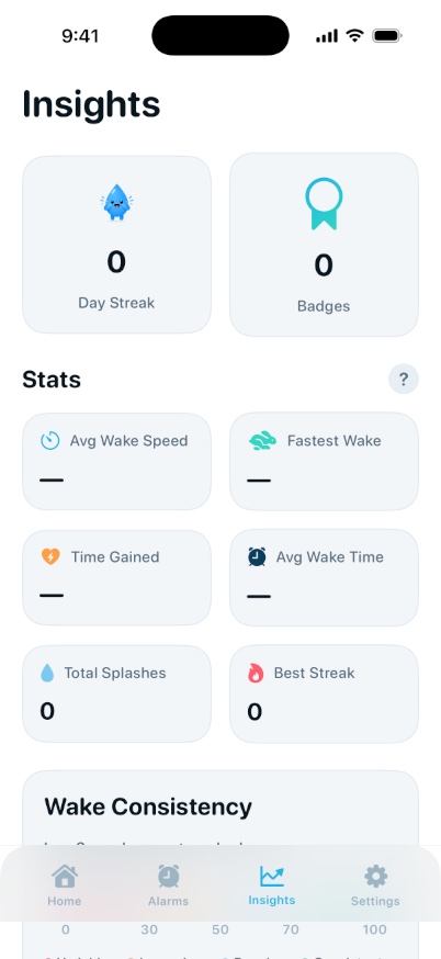 Insights screen with streaks and wake stats