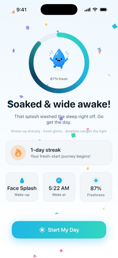 SplashUp mission success screen — Soaked & wide awake, 87% fresh